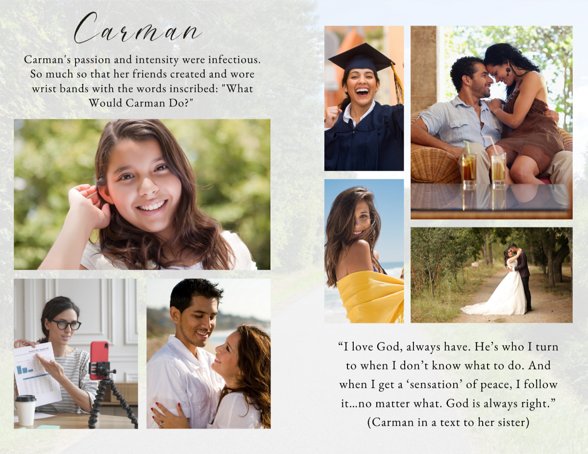 Photo collage pages displaying multiple woman and companion moments in a clean, organized layout.
