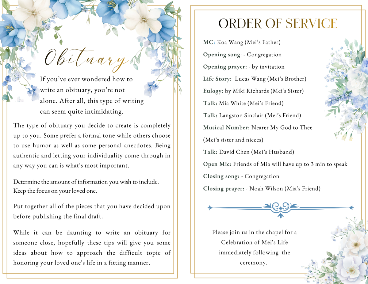 Obituary and order of service pages with structured sections, elegant script headings, and soft blue floral corner accents for a peaceful, faith-filled presentation.