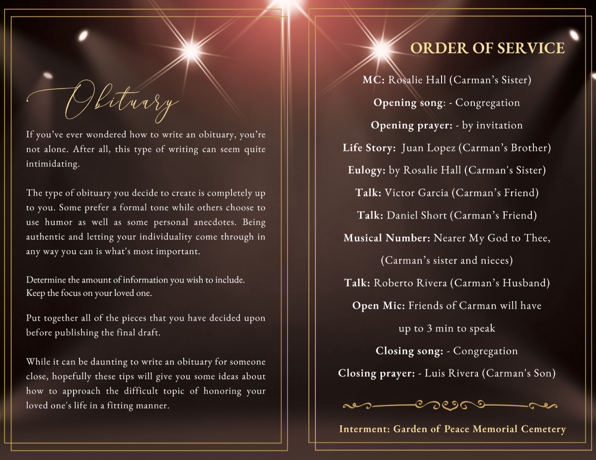 Obituary and order of service pages with clear, structured layouts framed by soft bronze lighting effects and refined gold accents for readability and elegance.