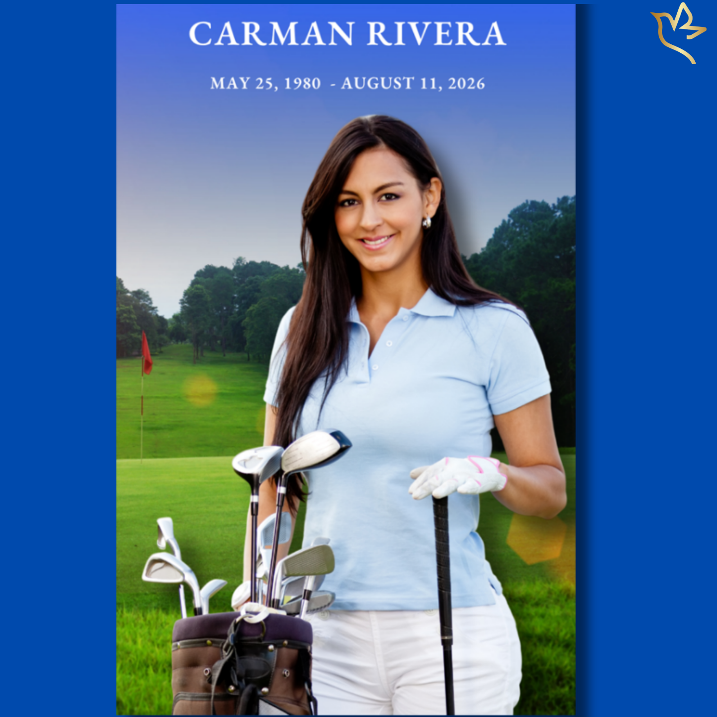 Women’s funeral program cover featuring a sunrise golf course background, female golfer portrait, soft light effects, and elegant typography in a peaceful outdoor setting.