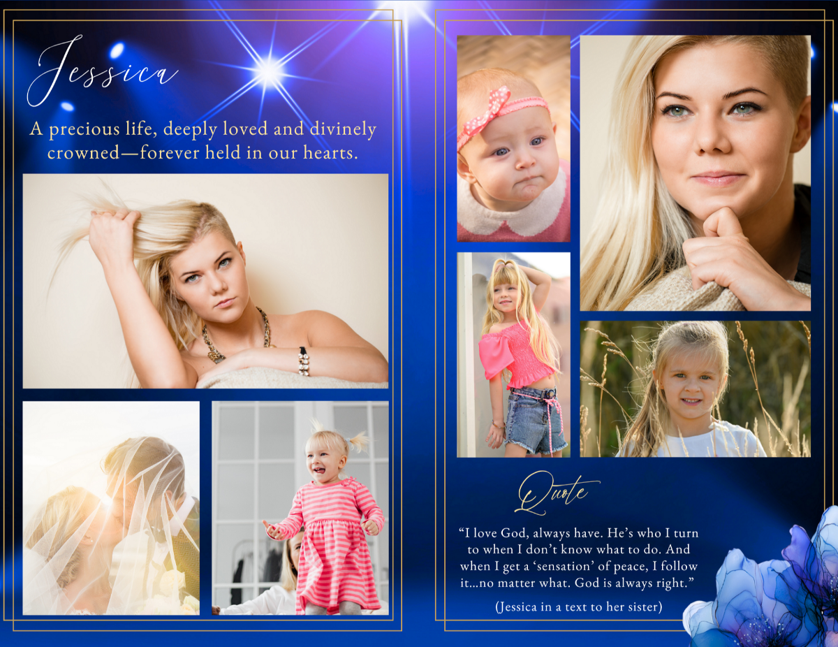 Photo collage layout showcasing meaningful life moments arranged in a deep blue setting with soft lighting overlays and refined gold framing details.