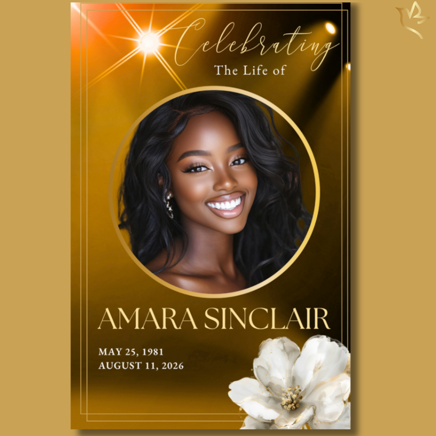 Royal Gold funeral program cover featuring radiant golden light beams, elegant gold framing, soft glowing highlights, circular portrait frame, and white floral accents for a regal memorial design.