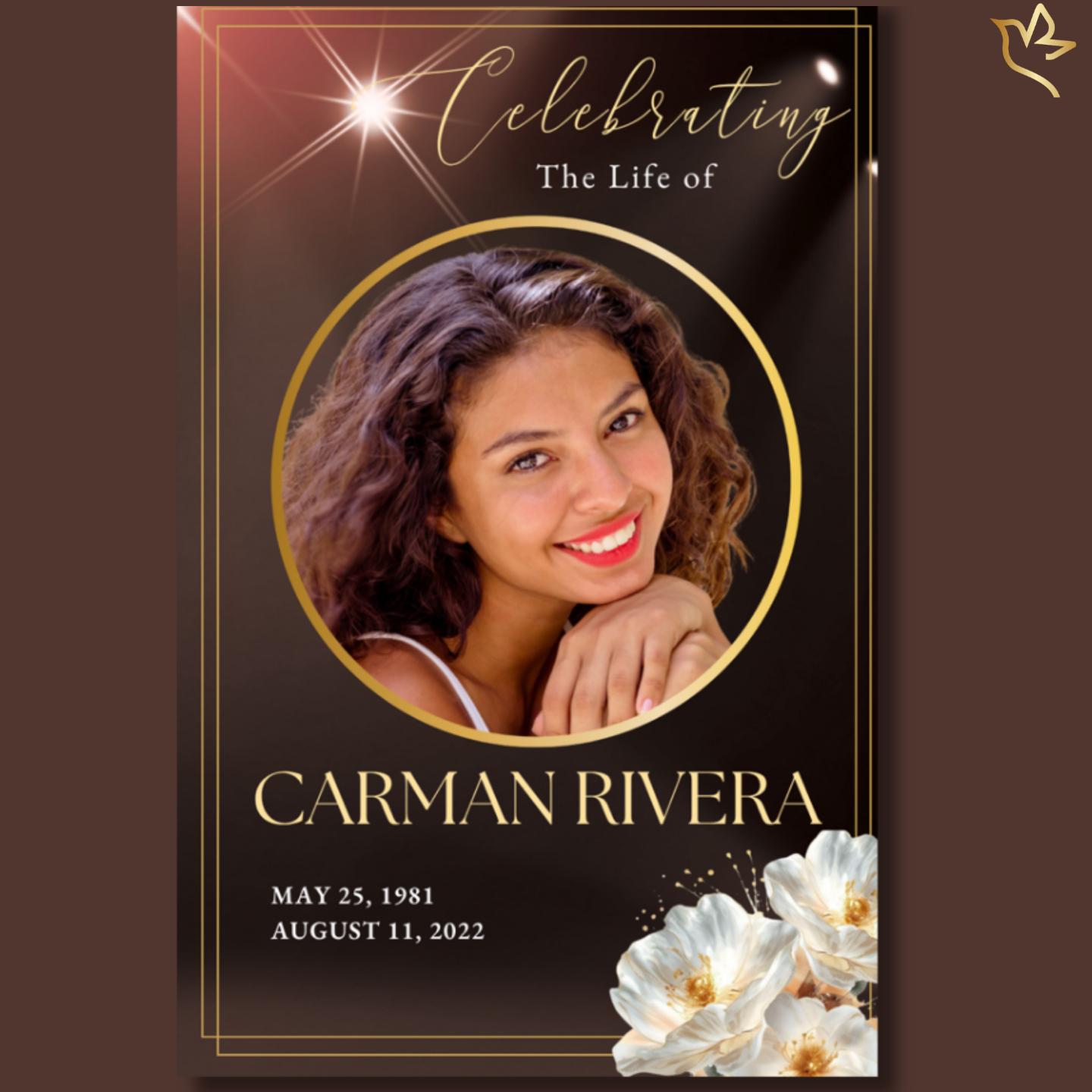 Royal Bronze funeral program cover featuring a warm bronze-brown background with radiant light flares, elegant gold circular portrait frame, soft ivory floral accents, and refined gold typography for a graceful memorial design.