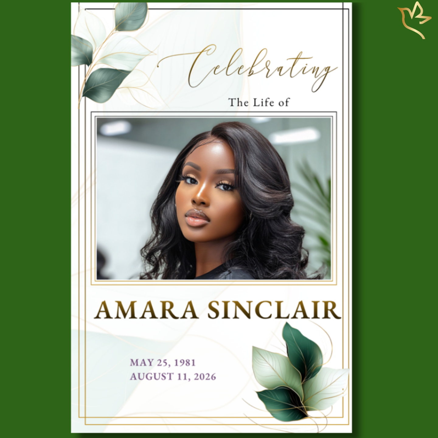 Graceful Eucalyptus funeral program cover featuring soft sage green eucalyptus leaves with delicate gold line accents and double border framing a centered portrait, styled with elegant script and serif typography on a light neutral background.