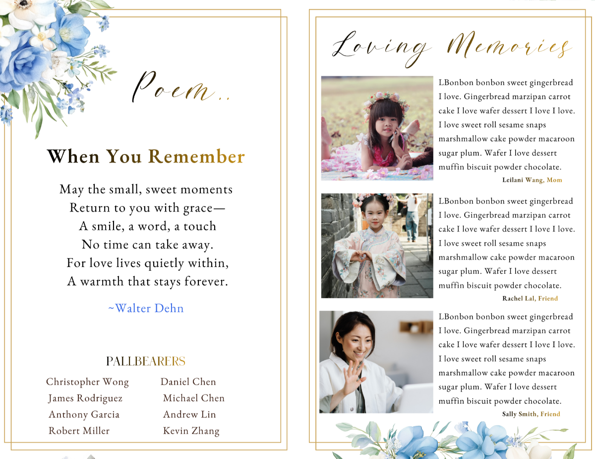 Poem and loving memories pages featuring balanced layouts with portrait photography and dedicated space for heartfelt reflections and family messages.