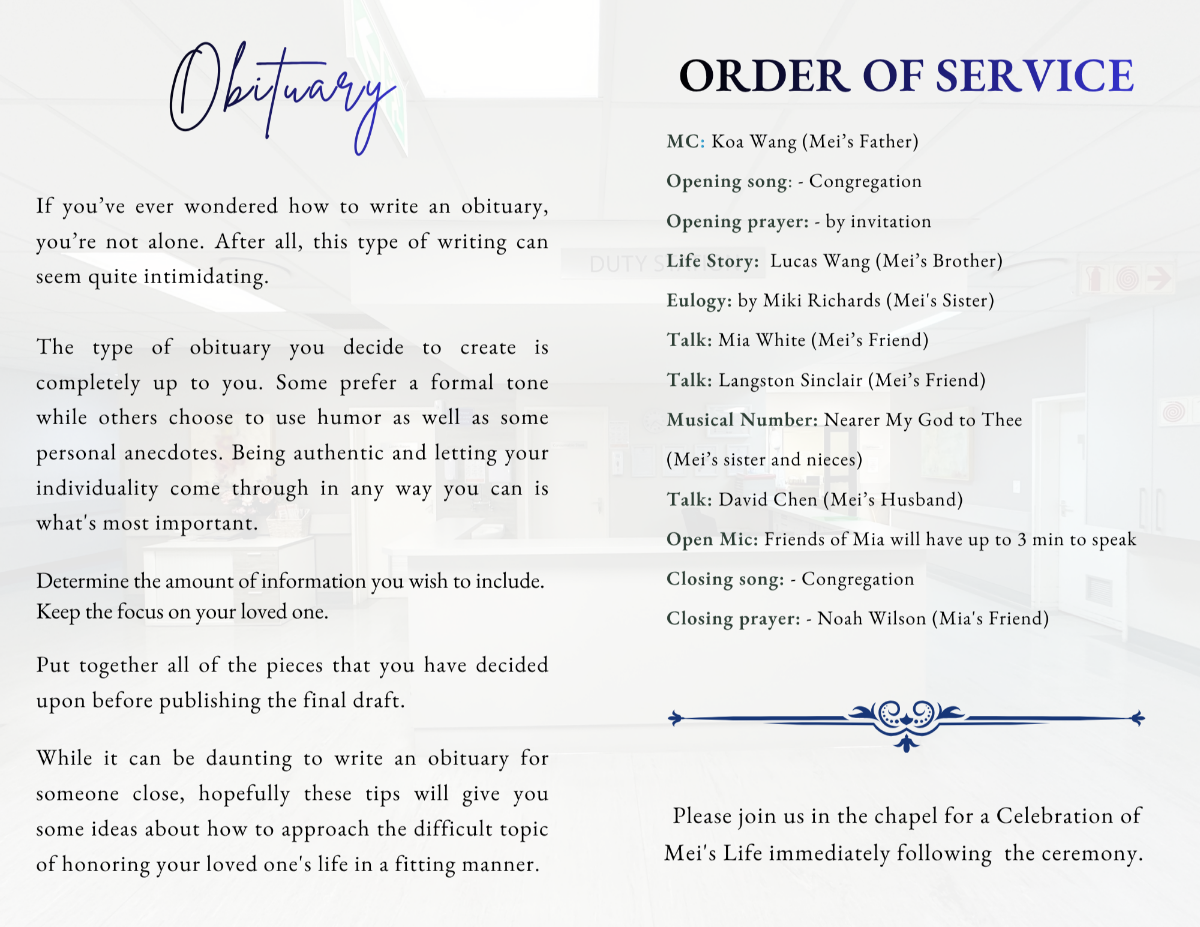 Two-page spread with obituary content and order of service, styled with soft blue tones, refined accents, and easy-to-read formatting.