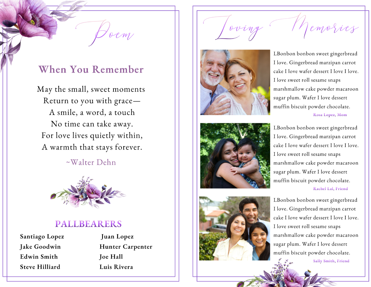 Poem and loving-tributes layout featuring a memorial poem on the left and three family photos with written tributes on the right, all set in purple tones with violet floral clusters.