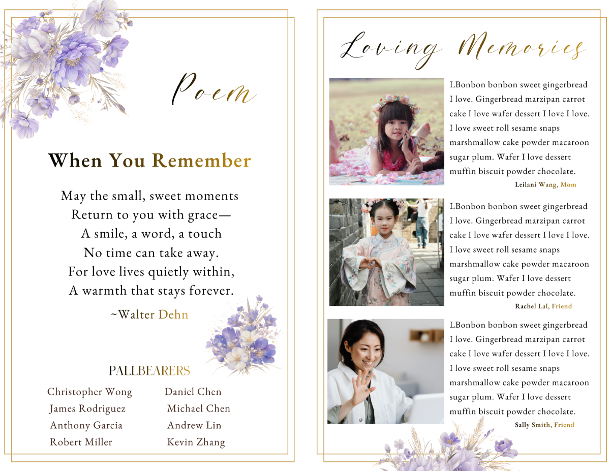 Poem and loving memories pages with portrait images, gentle lavender floral accents, and elegant script headings.