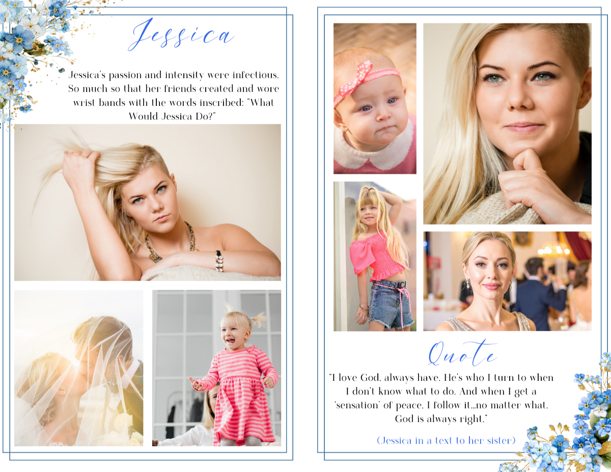 Photo collage tribute spread featuring childhood, family, and adult portraits arranged in clean white frames with delicate blue forget-me-not floral accents.