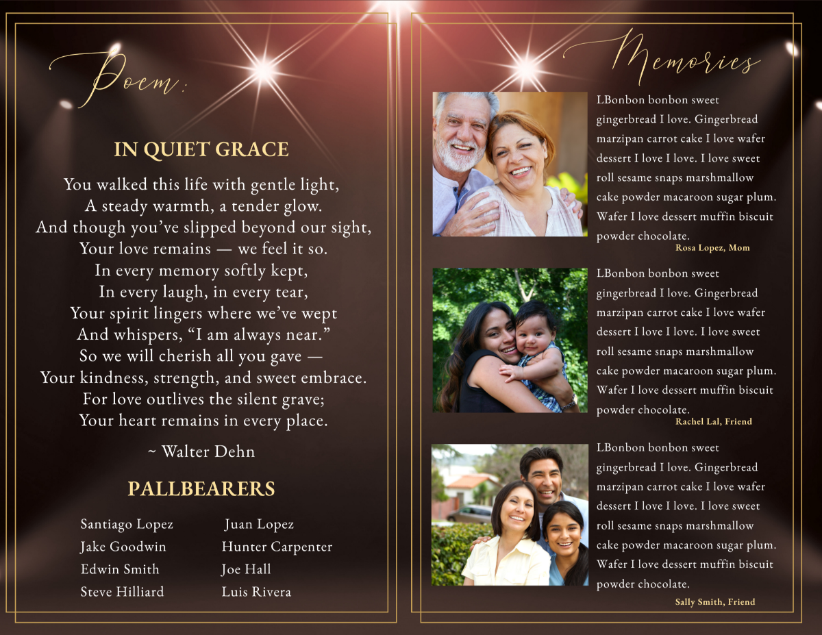 Poem and memorial pages featuring rich bronze tones, soft glowing highlights, portrait placements, and elegant typography for heartfelt reflections.