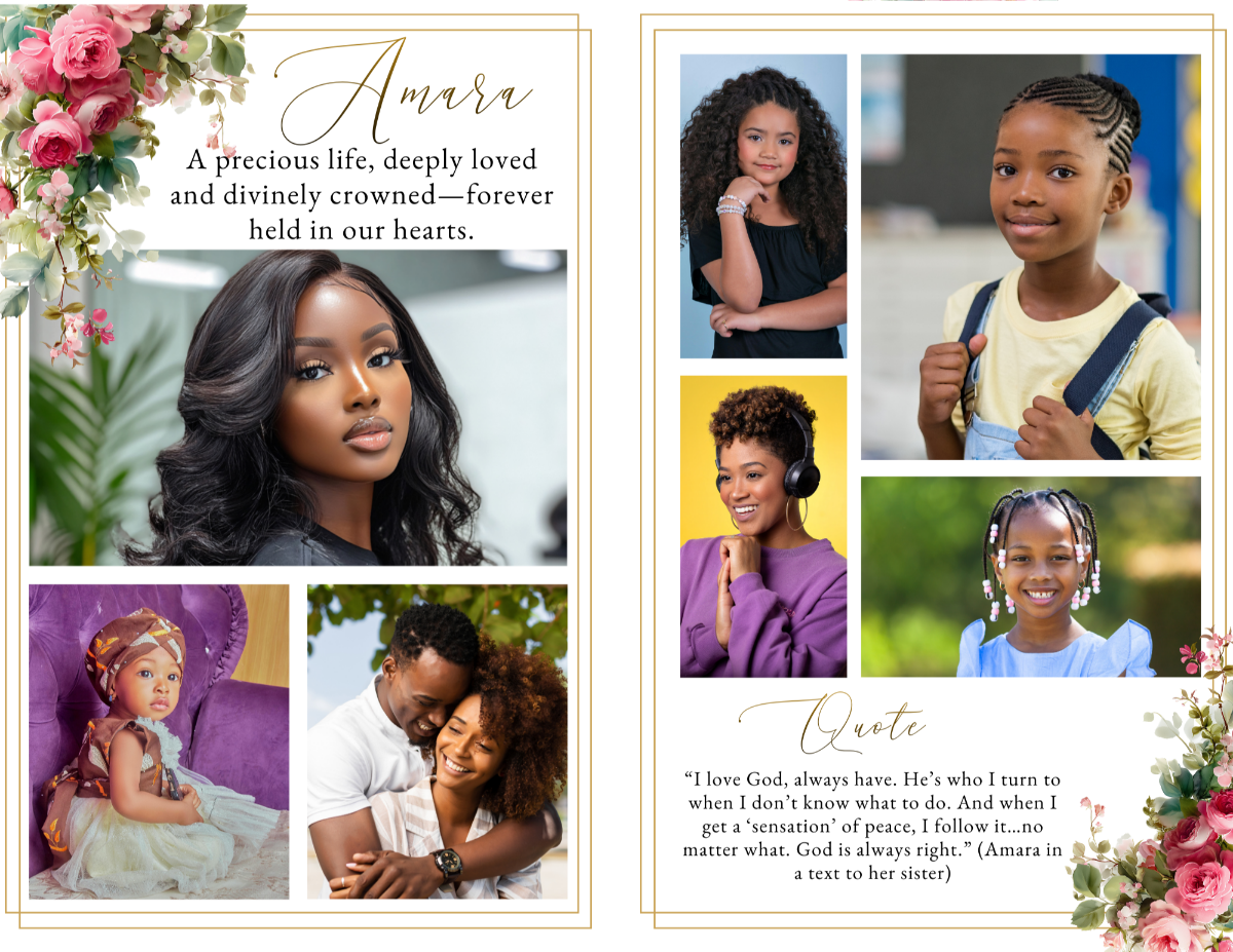 Crimson Rose Funeral Program Canva Template – inside pages showing obituary, order of service, and personal photos for memorial celebration of life booklet