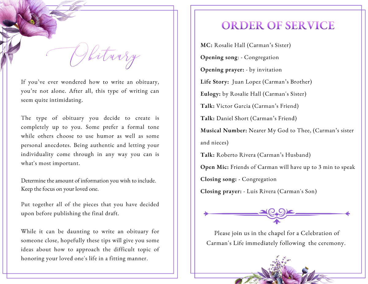 Obituary and order-of-service spread with soft violet floral accents, framed borders, and a clearly structured ceremony listing.