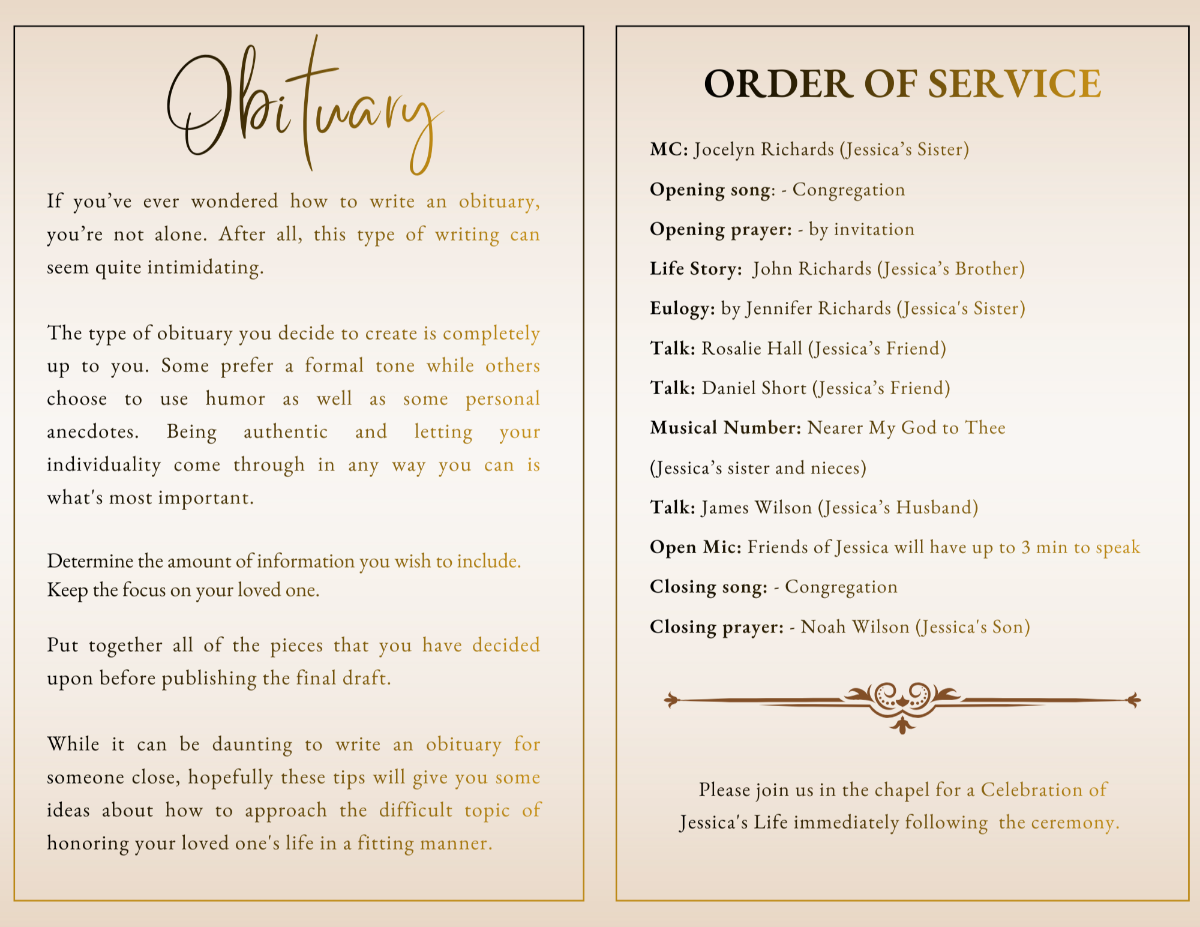 Obituary and order of service pages featuring ivory background, gold accent typography, and structured memorial sections designed for clear, dignified presentation.