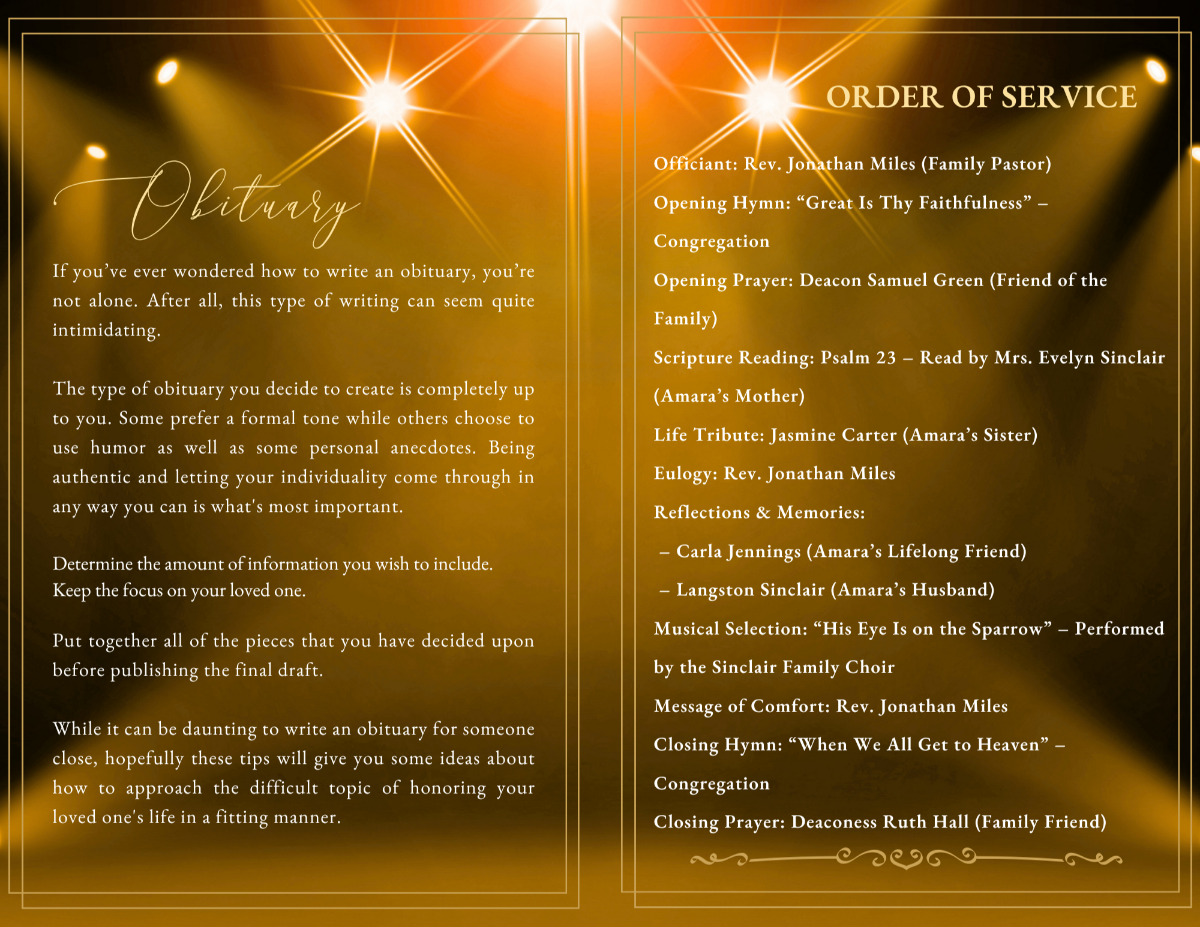 Obituary and order of service pages with clear, structured layouts framed by luminous gold accents and soft lighting for easy readability and elegance.