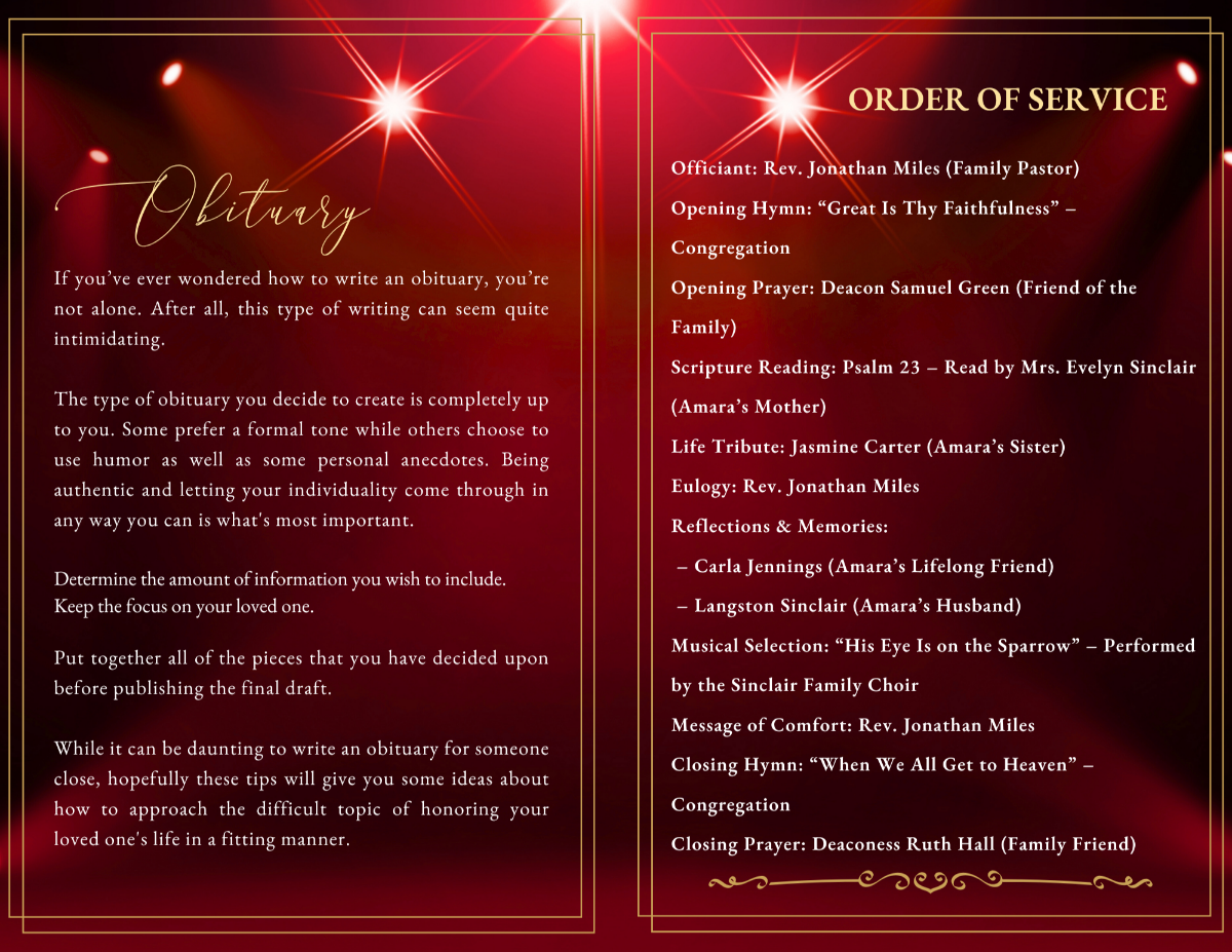 Obituary and order of service pages with clear, structured layouts framed by glowing ruby lighting effects and refined gold accents for readability and elegance.