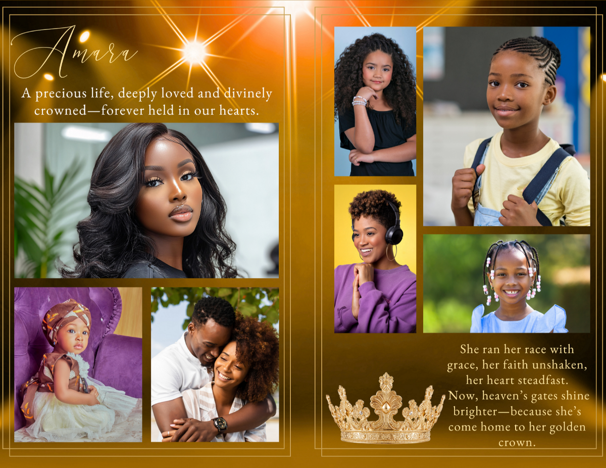 Photo collage layout showcasing meaningful life moments arranged in a warm golden setting with soft light overlays and refined framing details.