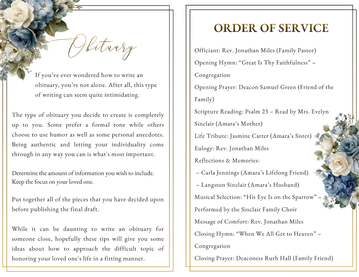 Obituary and order of service pages with structured sections, elegant script headings, and soft floral accents creating a peaceful and graceful presentation.