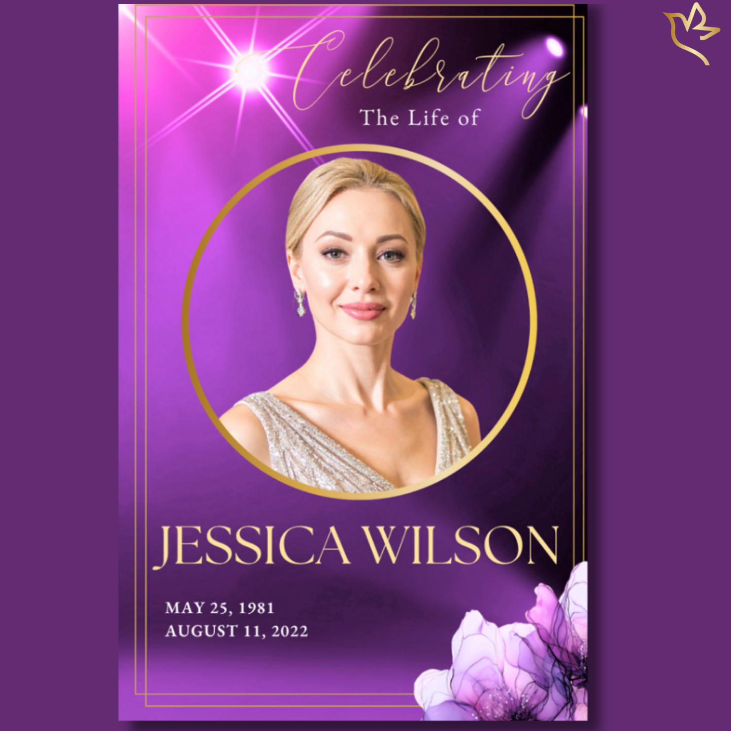 Royal Garnet funeral program cover featuring a rich garnet purple background with radiant spotlight beams, gold circular portrait frame, elegant gold typography, and soft floral accents for a luxurious memorial design.