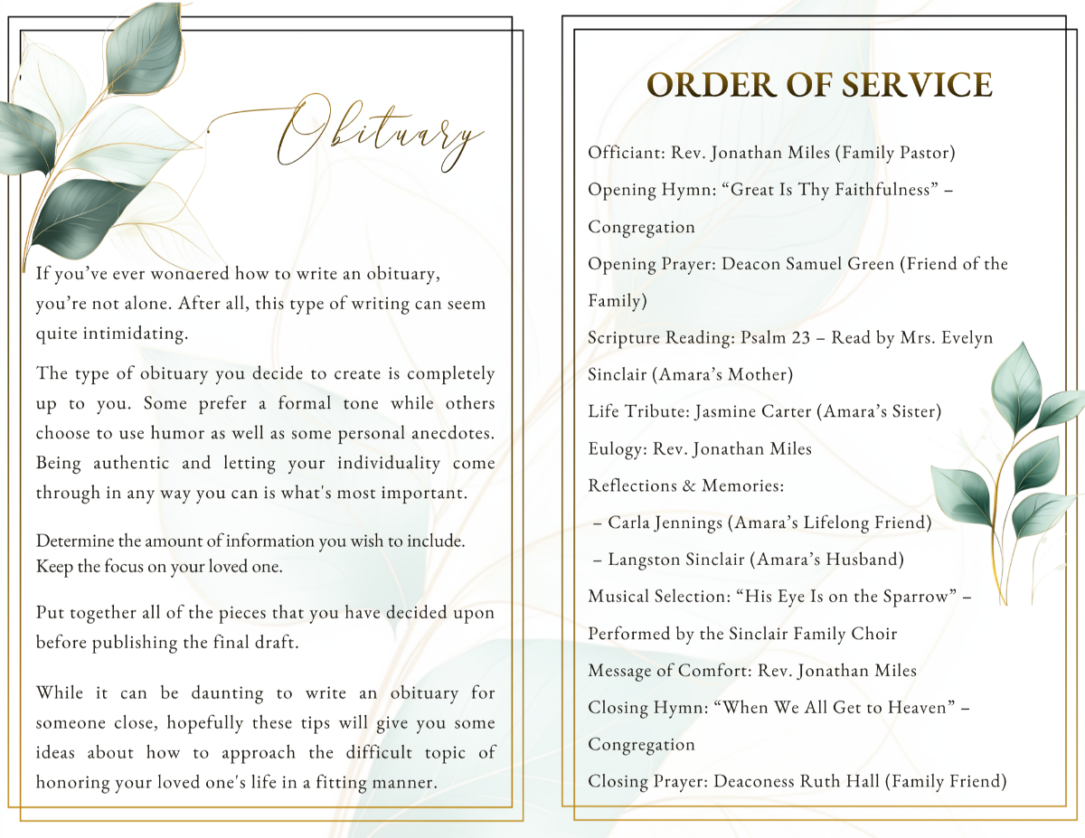 Obituary and order of service pages featuring organized text sections framed by subtle eucalyptus leaves and fine gold lines.