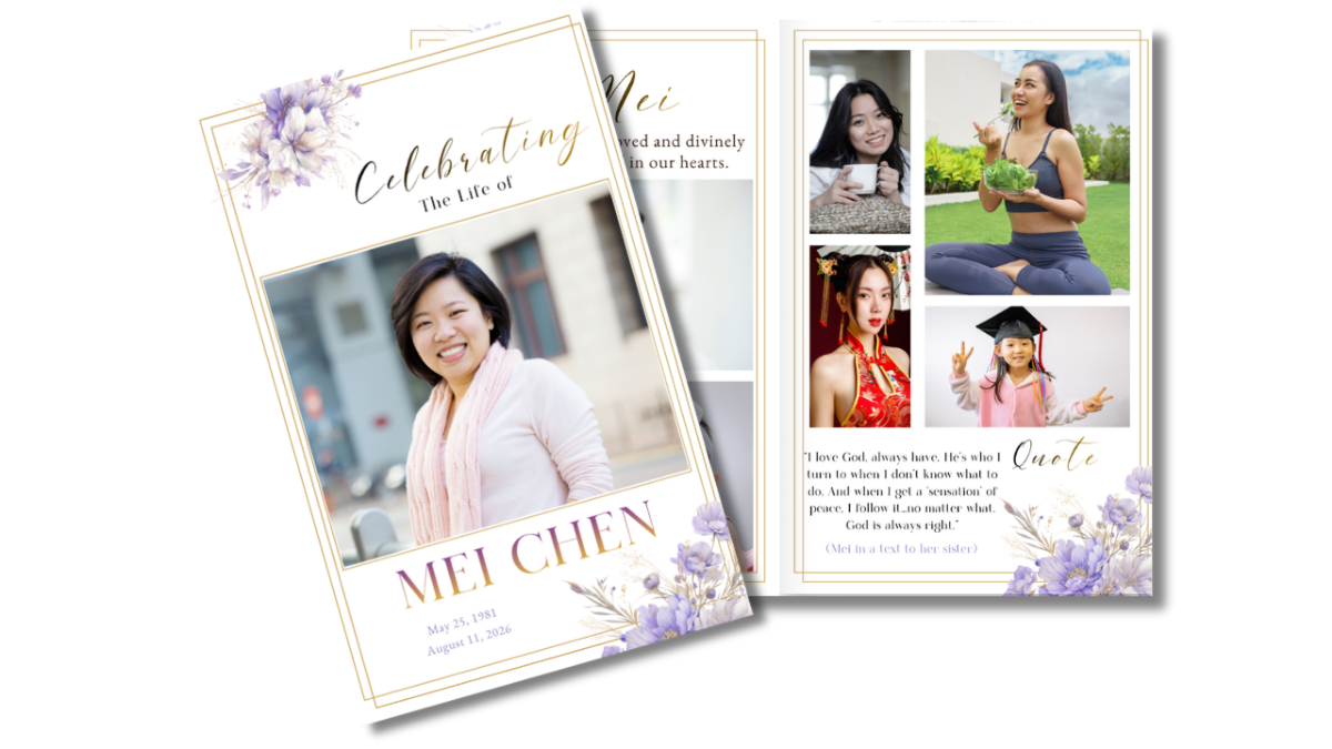Full program layout displaying cover and interior pages with soft violet florals, gold borders, and balanced sections for obituary and tributes.