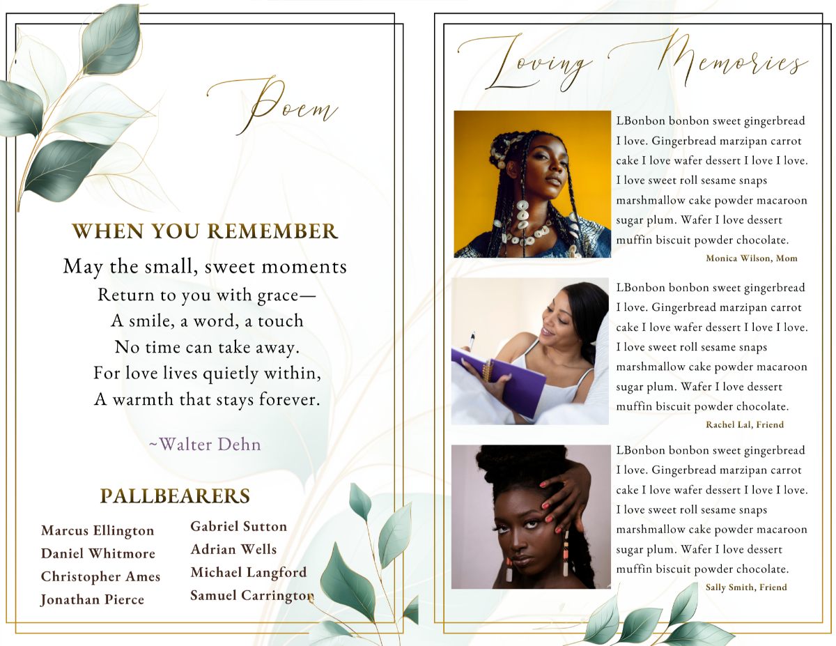 Poem and loving memories pages with portrait images, soft green botanical accents, and elegant script headings.