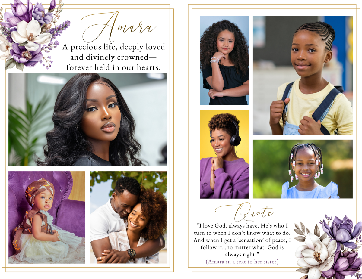 Photo collage layout displaying meaningful life moments arranged in clean frames with soft violet florals and subtle gold accents.