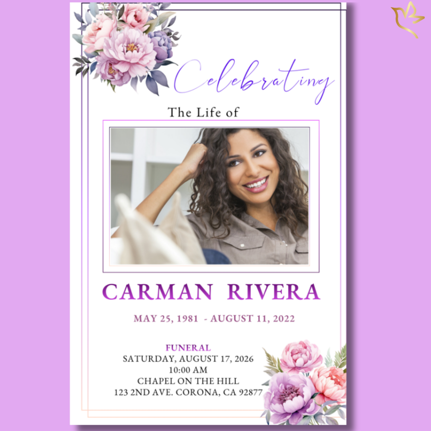 Soft memorial cover featuring romantic blush peonies, a framed portrait, elegant script title, and a warm gradient background that creates a tender, feminine tribute.