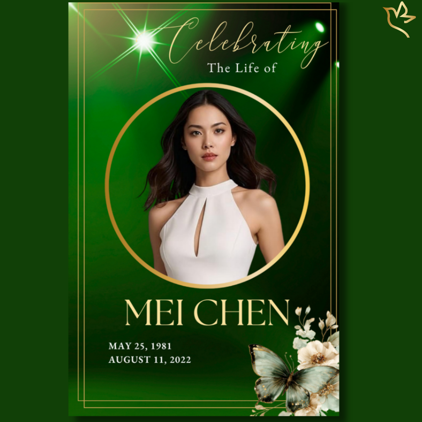 Royal Emerald funeral program cover featuring a rich emerald green background with radiant light beams, gold circular portrait frame, elegant gold typography, and soft floral and butterfly accents for a graceful memorial design.
