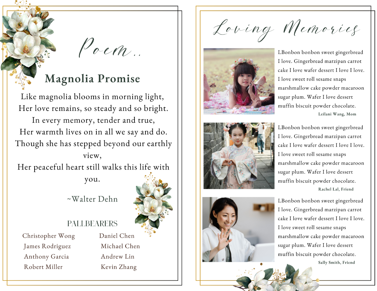 Poem and Loving Memories pages with gentle magnolia corner florals, heartfelt verse layout, and portrait photos paired with personal tributes.