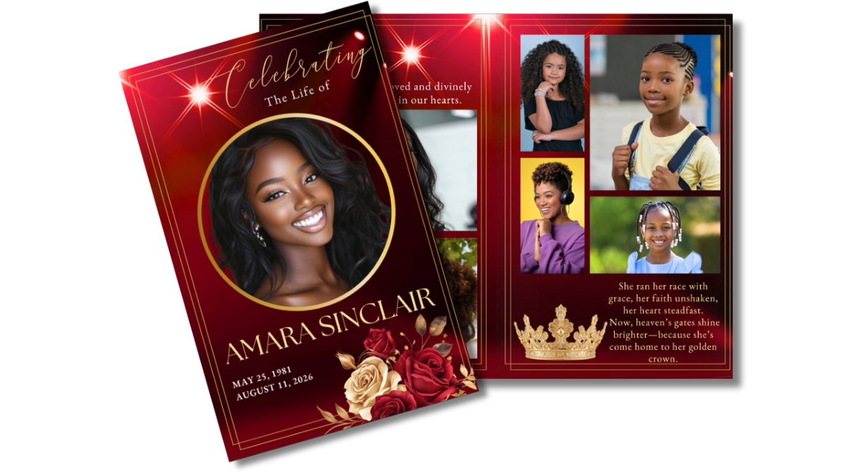 Front cover and interior layout displaying deep ruby red background with radiant light flares, elegant gold borders, circular portrait frame, and structured memorial pages.