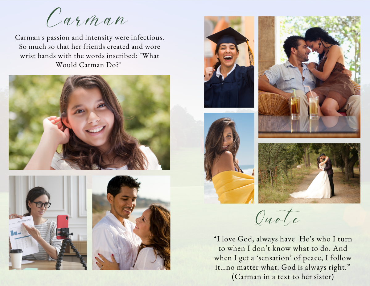 Photo collage pages displaying multiple life moments in a clean, organized layout with a soft scenic background.