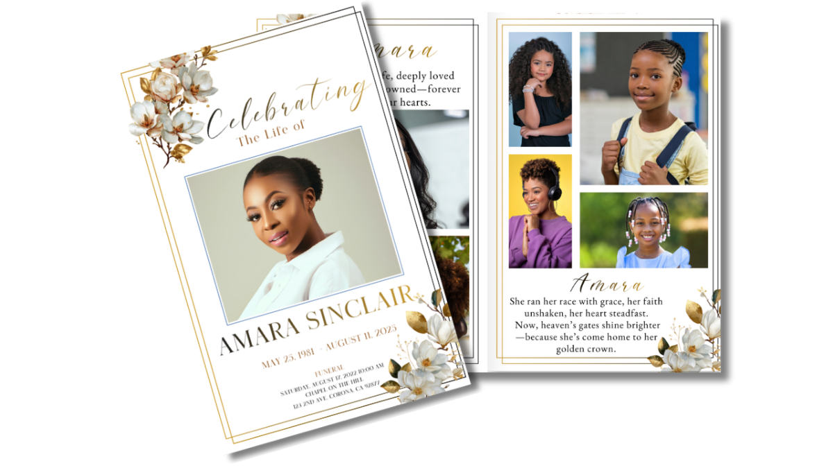 Front cover displayed beside open interior pages showing the ivory magnolia floral theme coordinated across obituary, collage, poem, and tribute layouts.