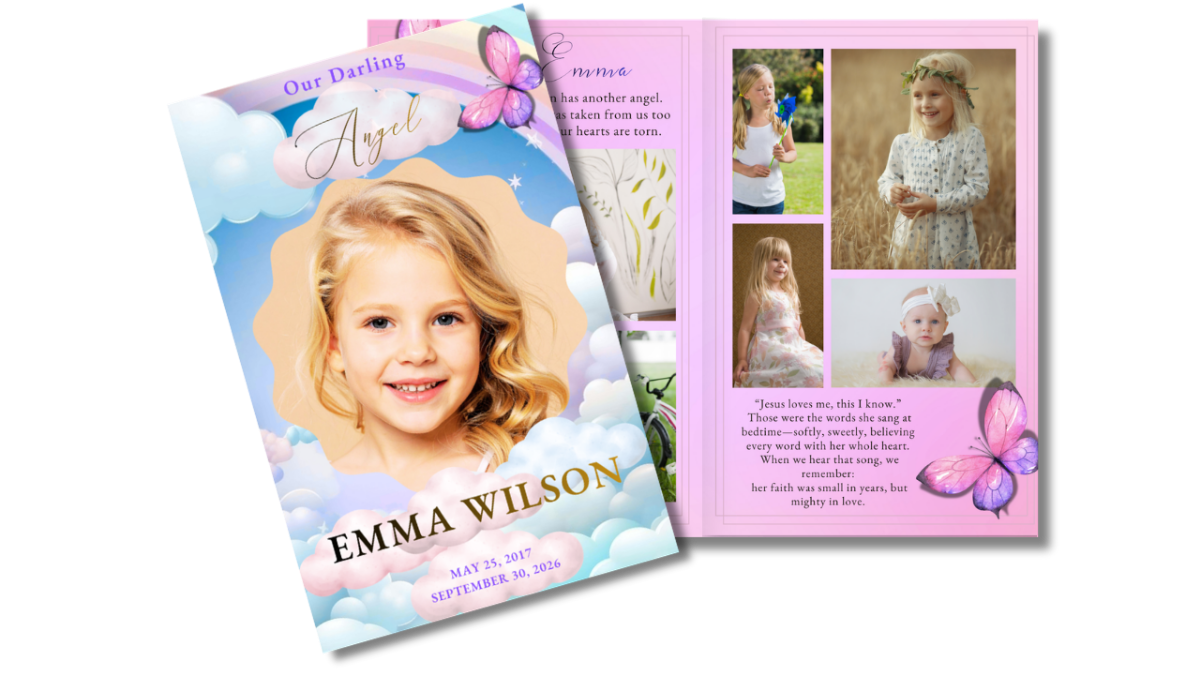 Front cover featuring a smiling child surrounded by pastel clouds and a rainbow, paired with an open interior layout showing coordinated pages for photos, memories, and tributes.
