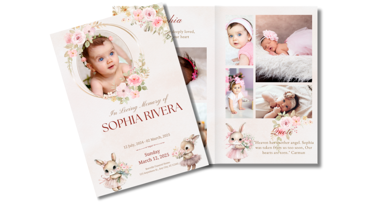 Baby girl funeral program template with soft pink floral design and ballerina bunny illustrations. Front cover and interior pages feature a baby photo framed by blossoms.