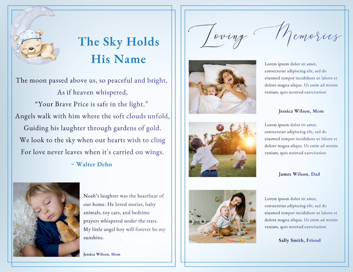 Interior pages featuring loving memories and family tributes, with warm photos and a peaceful, comforting layout.