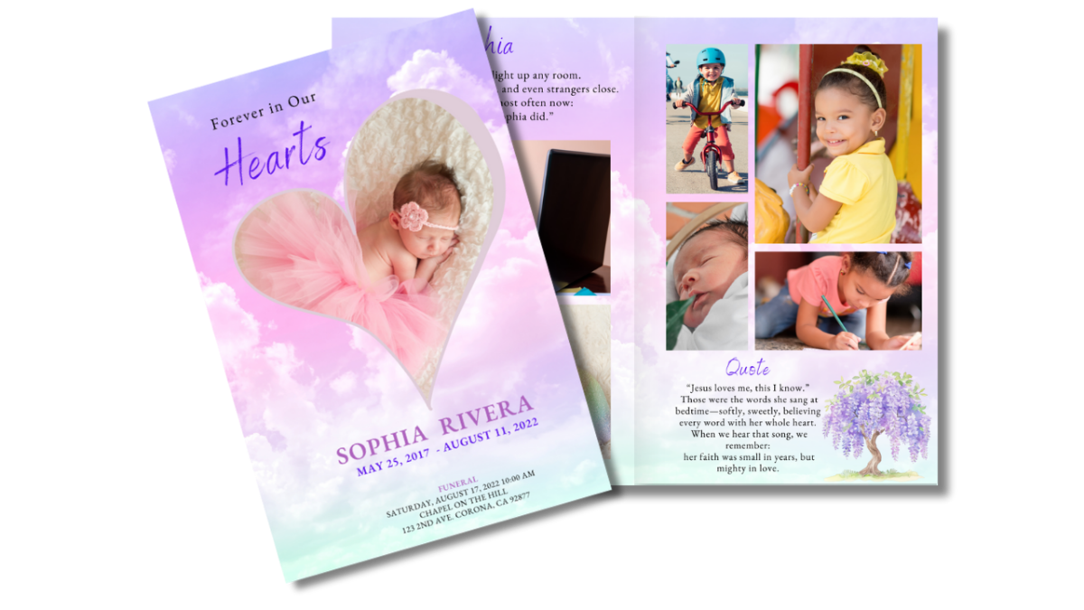 Front cover showing circular portrait layout and with open interior photo collage pages featuring pastel sky background and delicate heavenly glow.