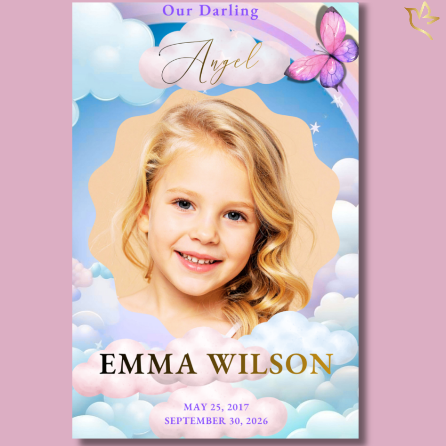A sweet young girl smiling softly, framed by pastel clouds, a gentle rainbow, and delicate butterfly accents—creating a dreamy, heavenly design filled with innocence, love, and light.