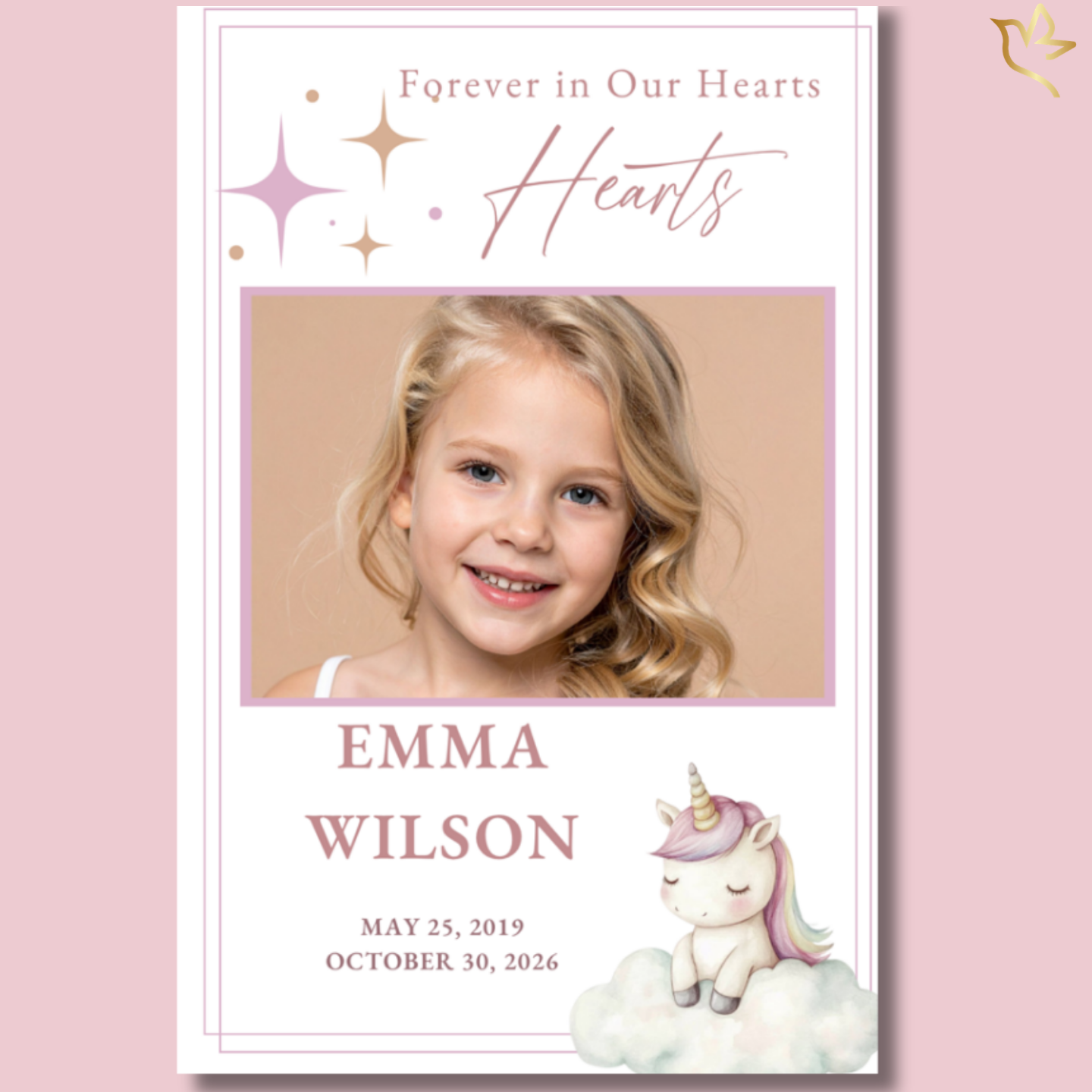 Child funeral program cover featuring a soft pastel design with a young girl portrait, gentle pink tones, whimsical star accents, and a sleeping unicorn illustration symbolizing peace and remembrance.
