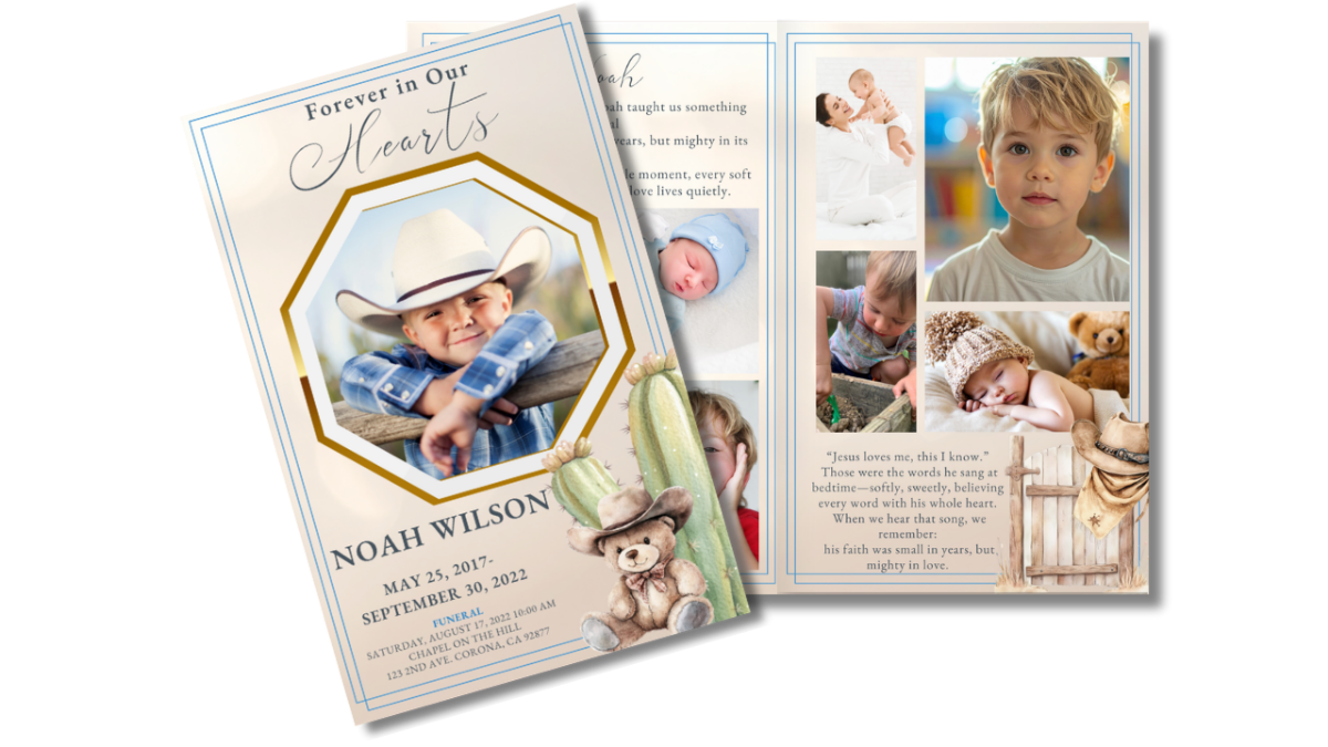 Front cover displayed beside open interior pages, showing the coordinated Western cowboy theme across collage, obituary, poem, and tribute layouts.