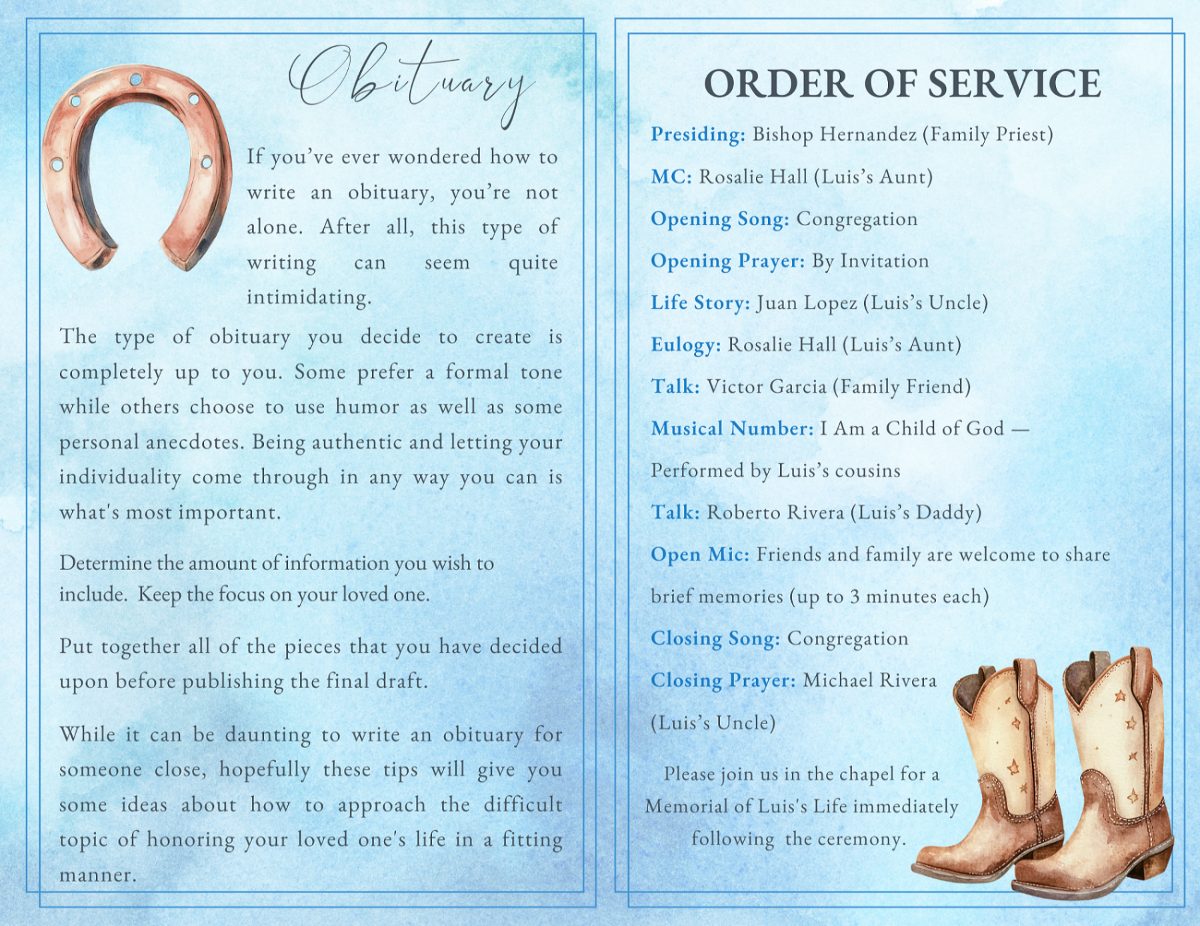 Obituary and order of service pages with watercolor horseshoe illustration, cowboy boots accent, and structured sections for honoring a child’s life with dignity and faith.
