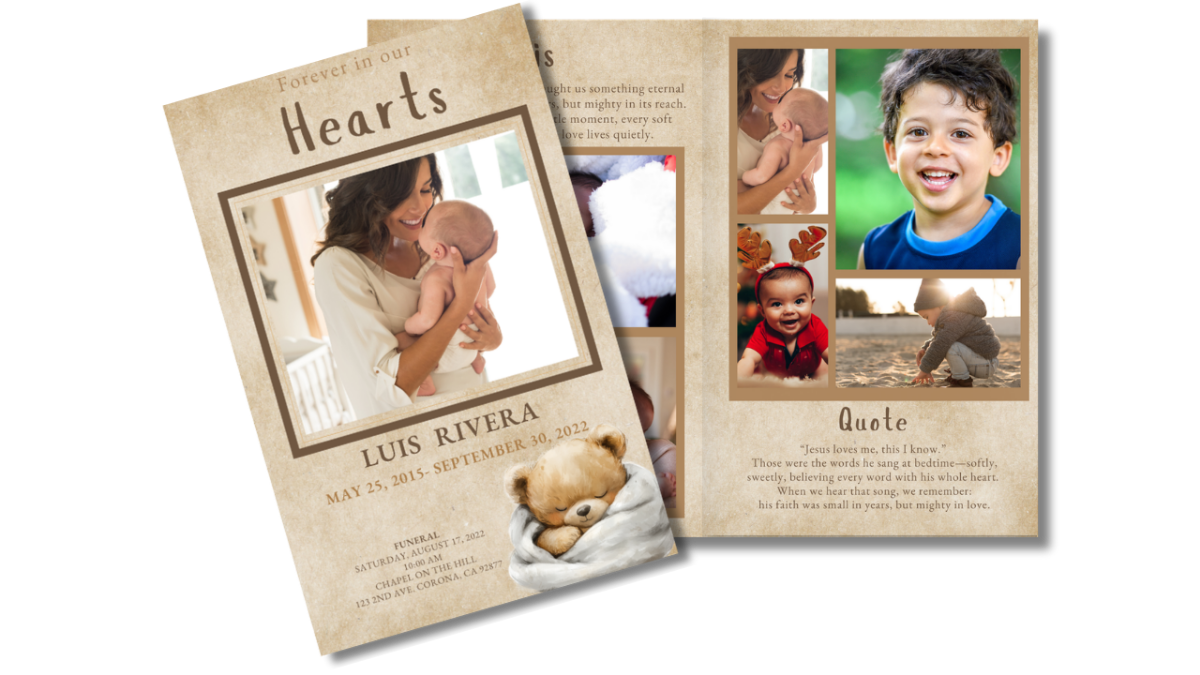 Front cover and interior pages showing photo gallery with sleeping teddy artwork on textured soft-brown background.