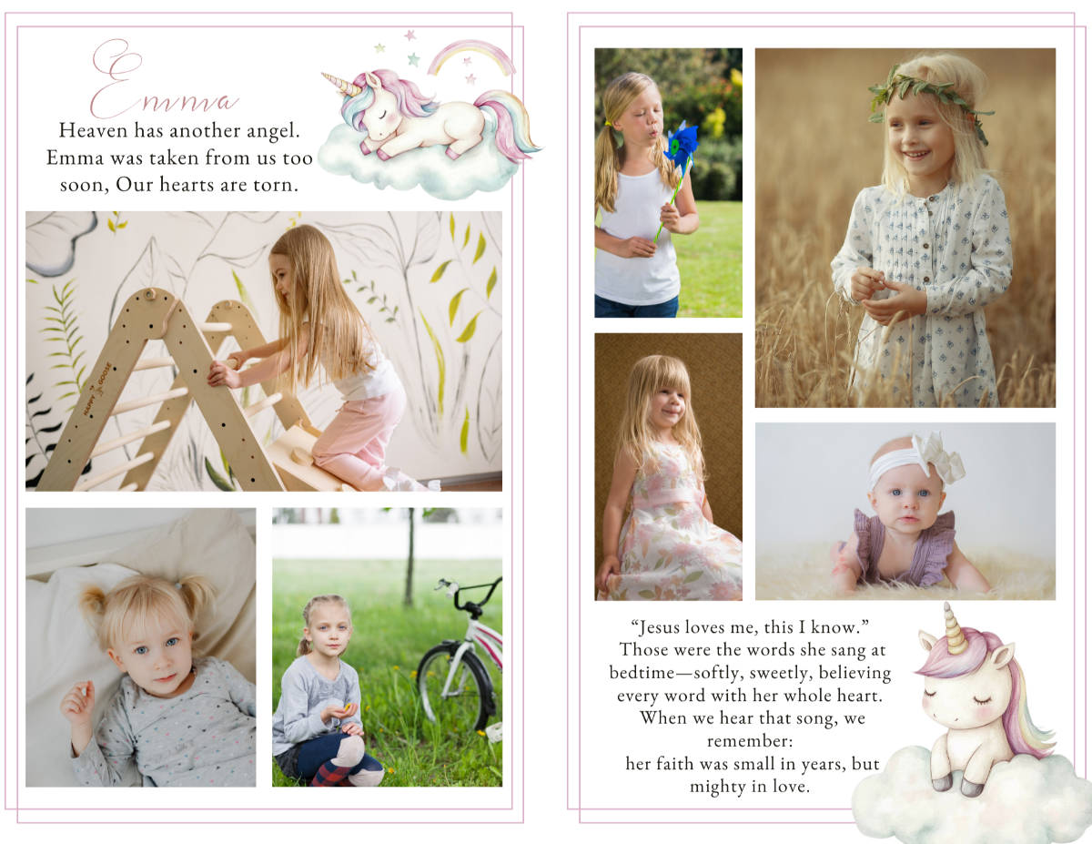 Photo collage layouts displaying childhood memories with soft borders, balanced spacing, and a warm, comforting visual flow.