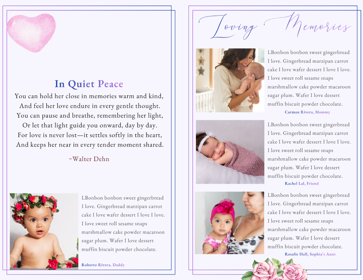 Loving memories page with family photos and tributes paired with a poem page featuring soft, elegant typography.