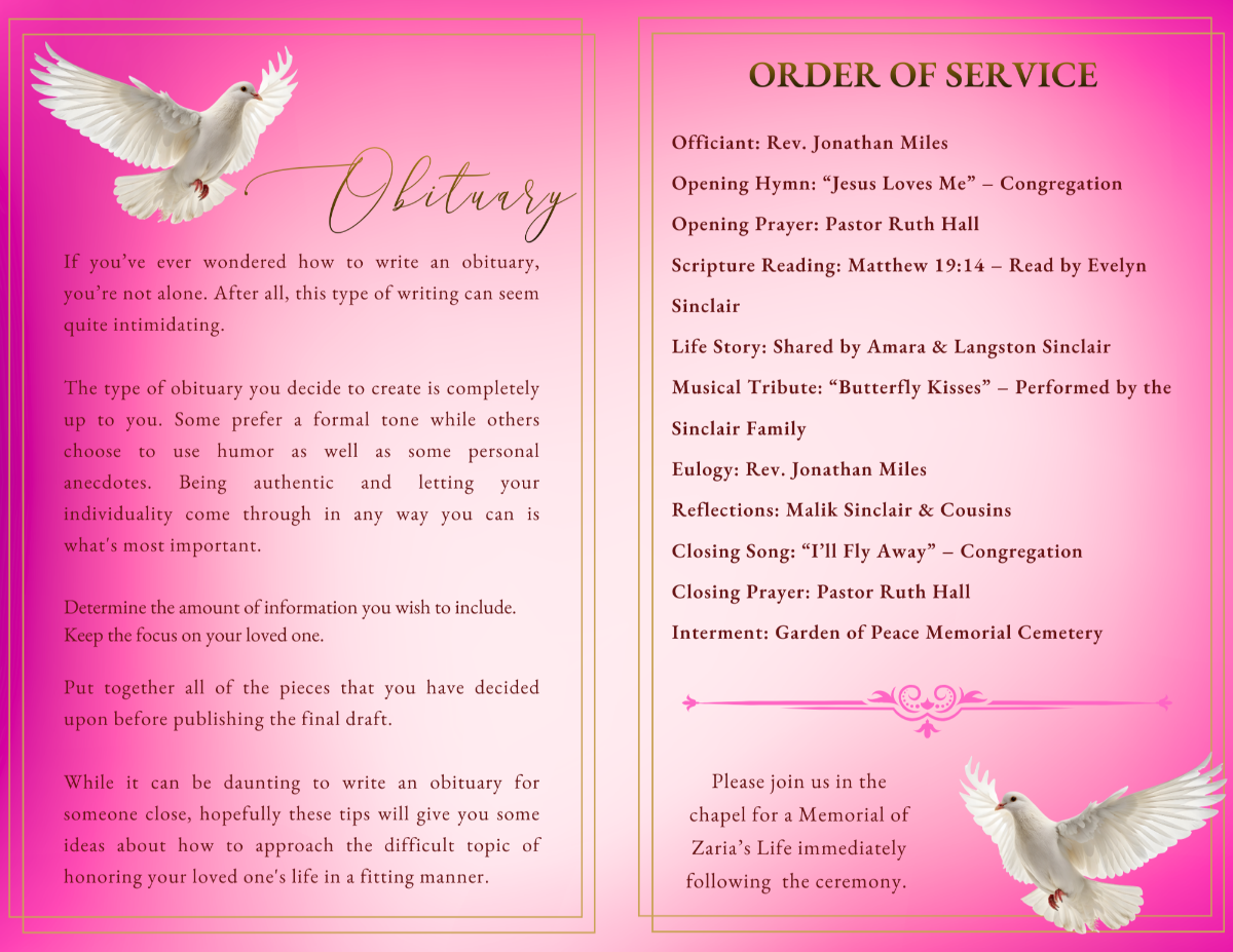 Obituary and order of service layout with headings, speaker list, musical number details, and dove artwork on a warm, softly-textured backdrop.
