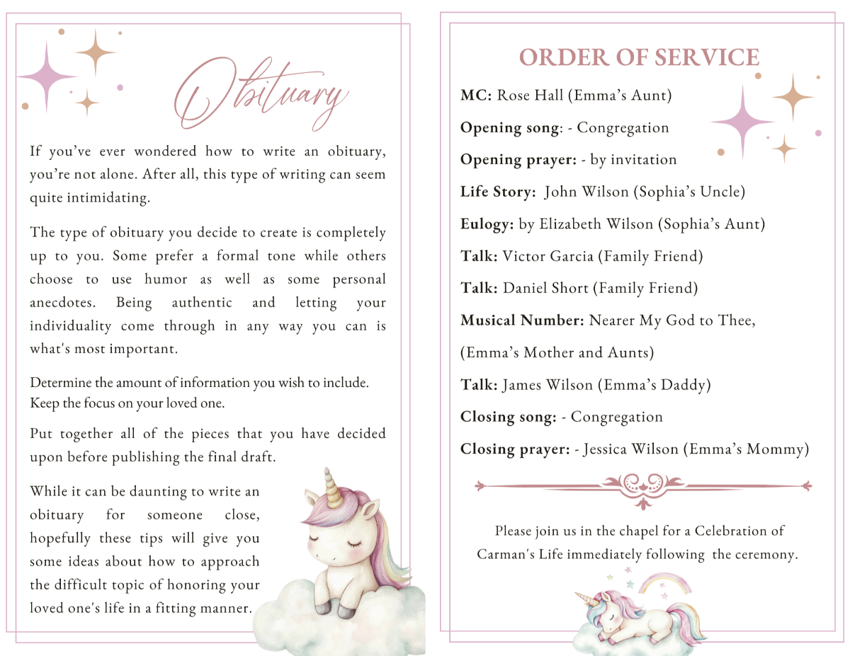 Poem and tribute pages with dreamy pastel tones, whimsical design elements, and structured layouts for sharing heartfelt memories.