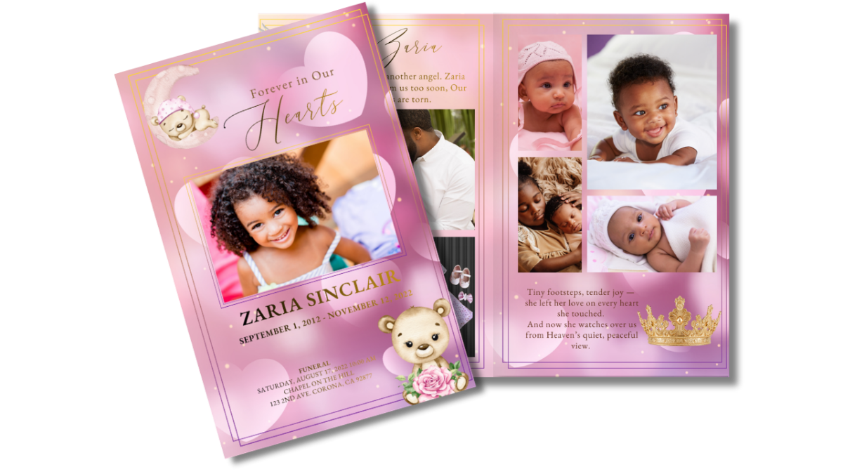 Front cover design featuring a smiling child portrait framed in gold, sleeping teddy bear on a crescent moon at the top, floral teddy illustration at the bottom, and soft pink heart background symbolizing love and remembrance.