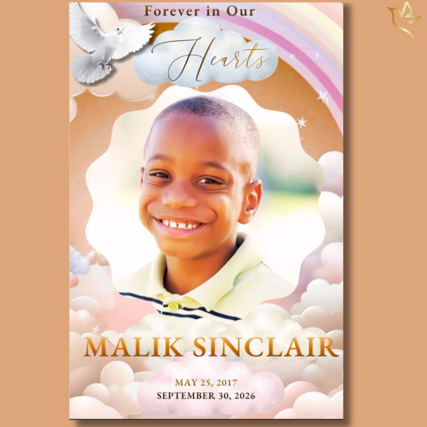 A joyful young child smiling brightly, framed by soft clouds, a gentle rainbow, and a white dove above—creating a tender, heavenly design filled with warmth, innocence, and peace.