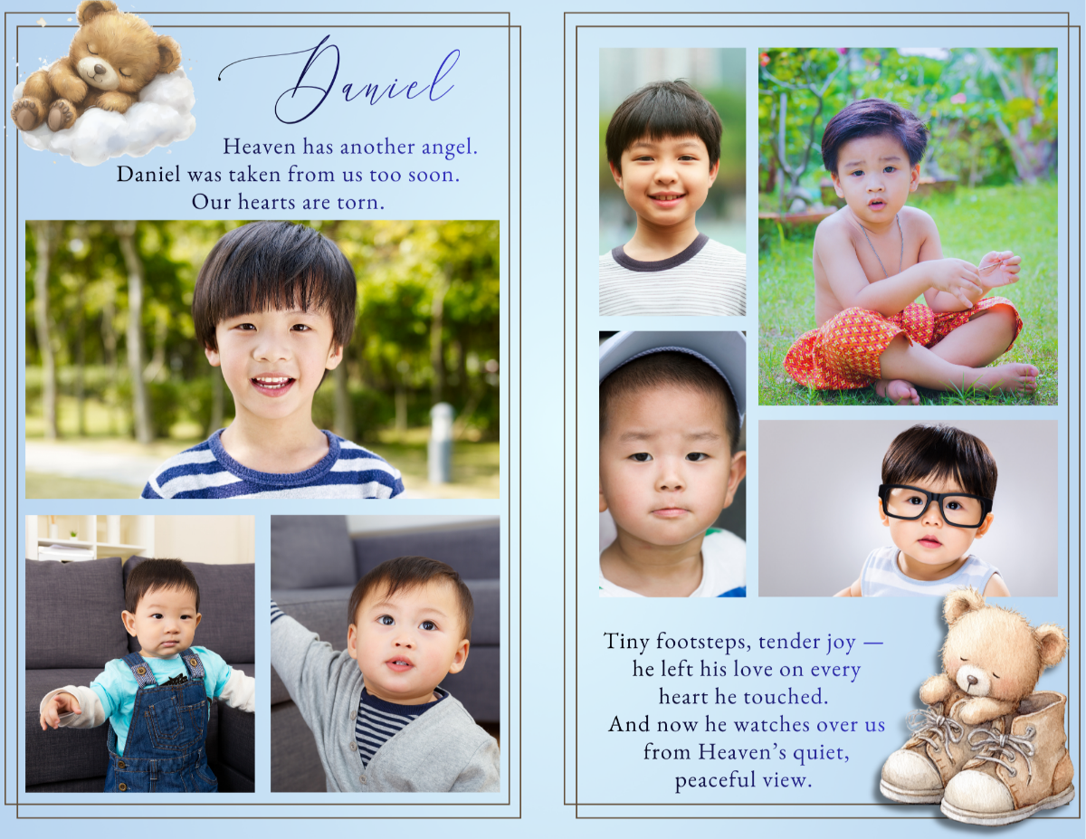 Photo collage pages displaying treasured childhood moments in a clean, organized layout that gently honors a life filled with love and light.