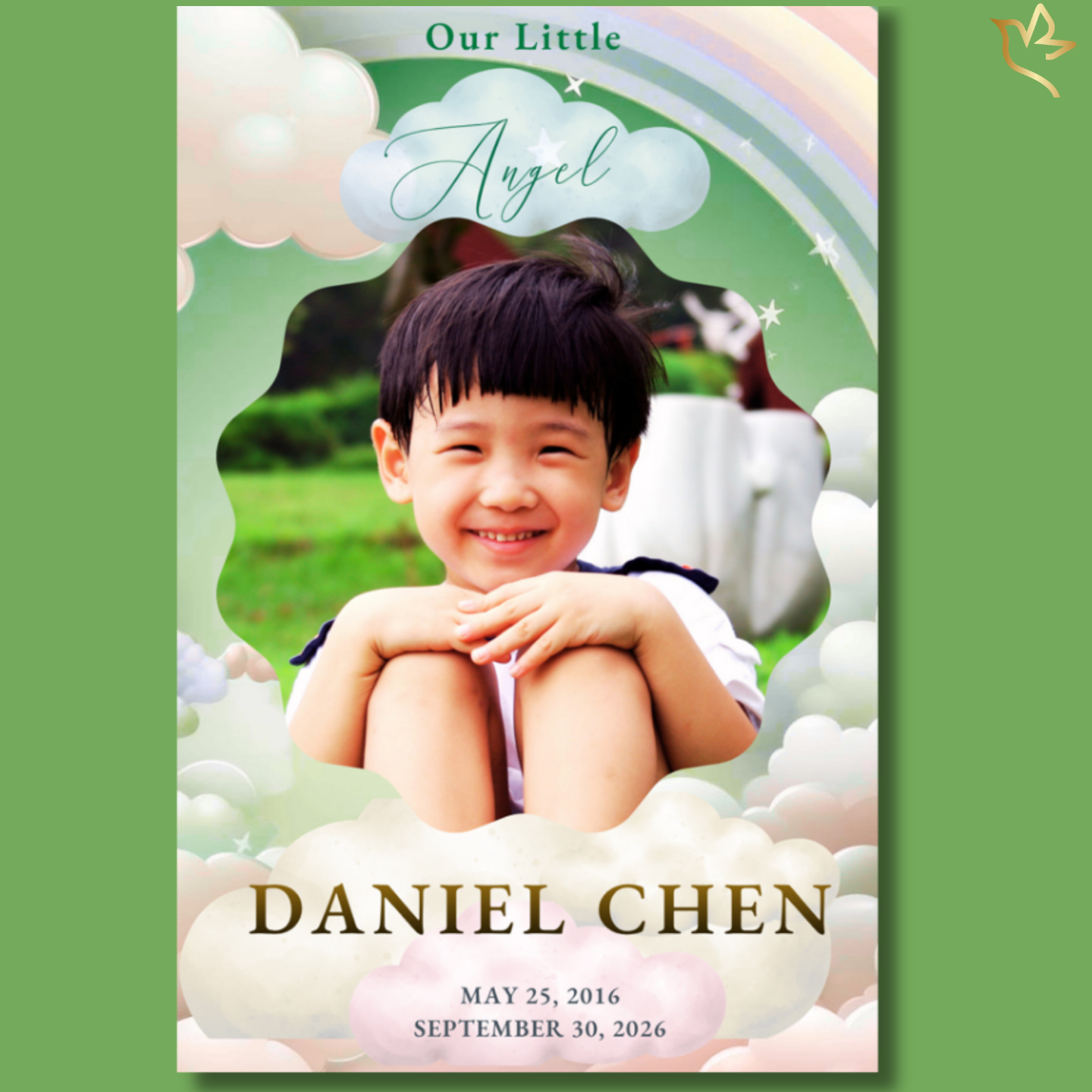A smiling young child framed by soft clouds, a gentle rainbow arch, and light sky tones—creating a peaceful, heavenly design that reflects innocence, love, and a spirit held safely above.