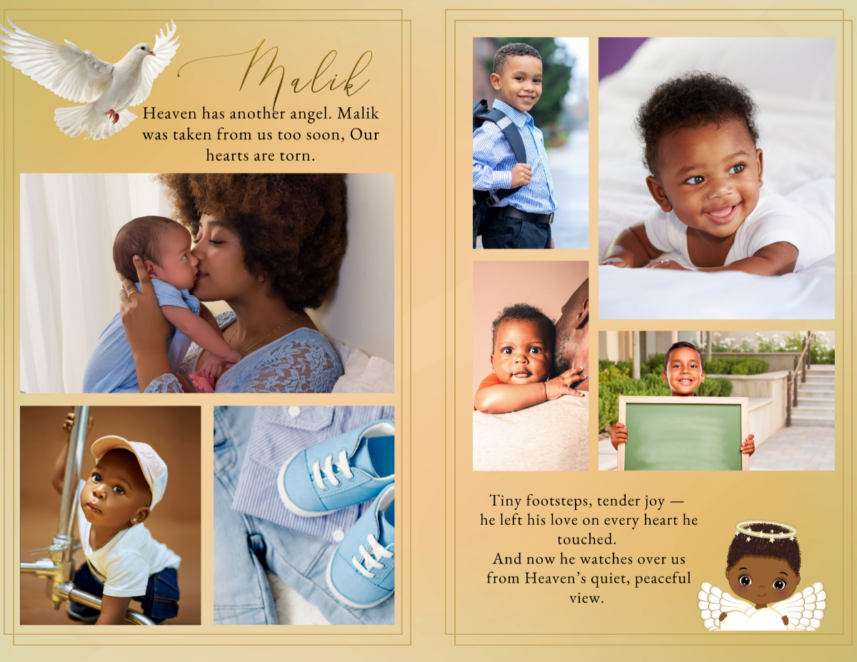 Photo collage pages capturing moments from infancy through childhood, arranged in a soft, cohesive layout that honors the beauty and innocence of their life.